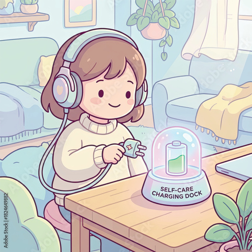 Cute cozy scene of a girl plugging into a self-care charging dock, symbolizing rest, mental balance, and emotional recharging in a warm pastel room. Vector illustration