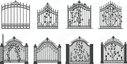 Elegant decorative wrought iron gates with ornate scrollwork and climbing vines, perfect for architectural design, garden elements, vintage patterns, and ornamental artwork
