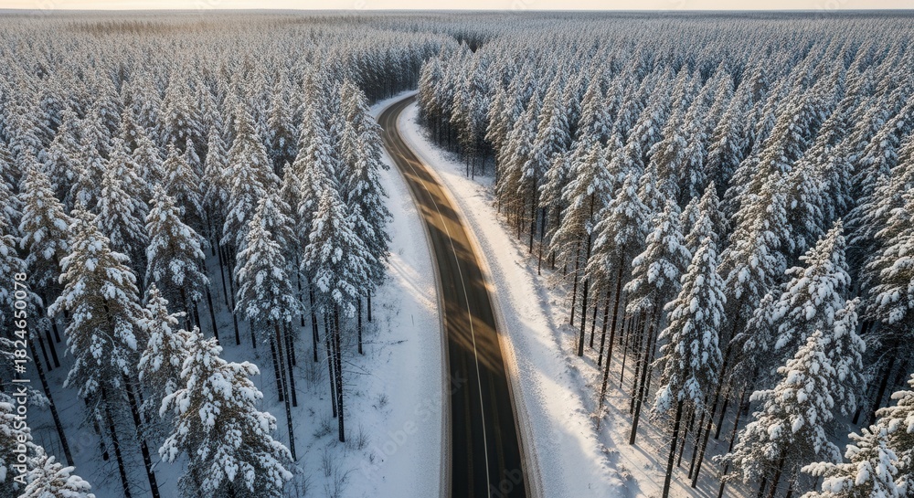Fototapeta premium Aerial view of a winding road cutting through a snow covered forest on a bright winter day