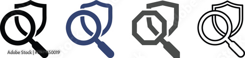 Four variations of a shield with a magnifying glass icon set on transparent background