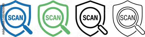 Four security scan icons in varying styles blue green black and outline on transparent background