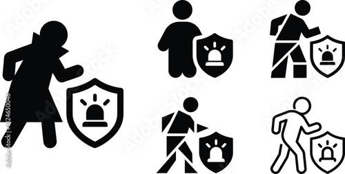 Black silhouette icons depicting people with shields and running poses on transparent background