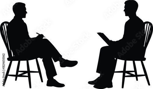 Two men sitting silhouettes, job interview meeting, business consulting, psychologist therapy session, isolated on white background, talking people vector icon