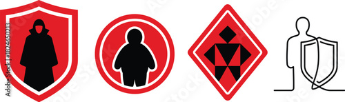 Four distinct red medieval heraldic symbols featuring figures and shields on transparent background