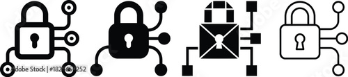 A collection of four distinct black cybersecurity lock icons with connecting lines on transparent background