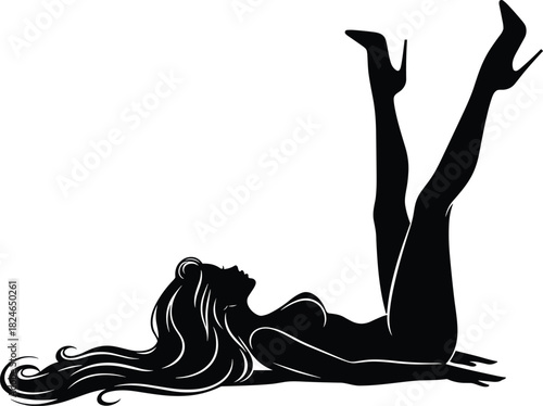 Sexy woman silhouette lying down, legs up in high heels, black vector fashion girl, isolated on white background, beauty logo