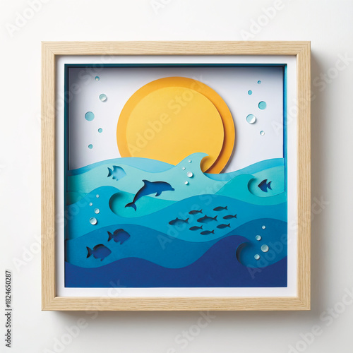 Colorful layered paper-cut seascape with dolphins, waves and bright sun. Clean framed design, playful shapes and soft ocean atmosphere. Vector illustration
