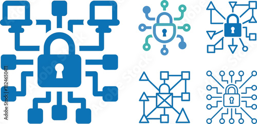 A set of interconnected network security icons depicting locks nodes and data flow on transparent background