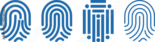 Four distinct blue fingerprint patterns are displayed showcasing unique biometric identifiers on transparent background