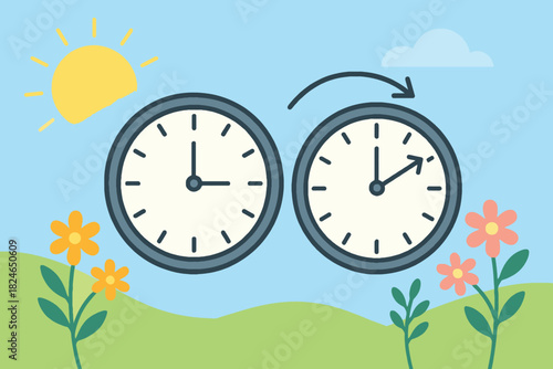 Daylight saving time change with clocks and sun illustration