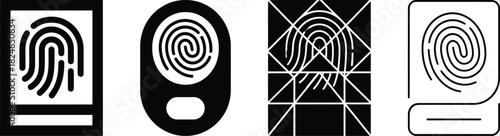 Four distinct black fingerprint icons with varied shapes and designs presented neatly on transparent background