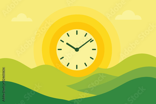 Sunrise over rolling green hills with a clock face