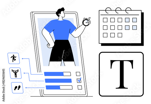 Mobile device with fitness stats, exercise icons, text alignment tool, and calendar for workout tracking. Ideal for fitness, organization, health, app design, planning technology simple flat