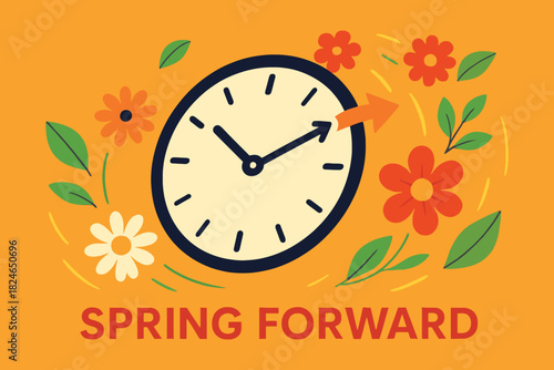 Spring forward clock with flowers and leaves illustration