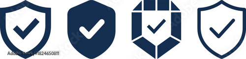 Four navy blue shield icons with white checkmarks representing security and protection on transparent background