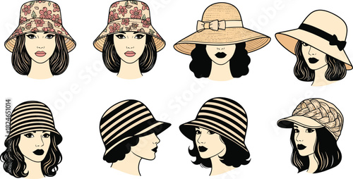 Illustrated collection of stylish women wearing floral, striped, woven and classic hats, showcasing diverse fashionable headwear designs for beauty, fashion and accessories