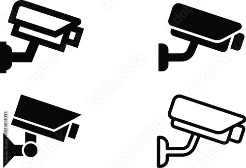 Four black security camera icons in varying perspectives a useful graphic element on transparent background