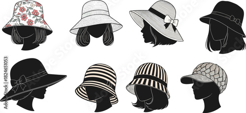 Elegant collection of illustrated women’s hats with floral, striped, woven and classic designs displayed on stylish female silhouettes for fashion and accessories