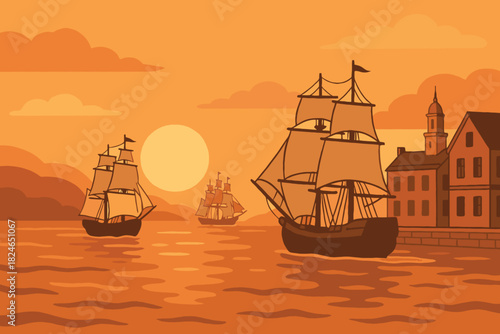 Vintage sailing ships on the ocean during a warm sunset