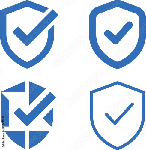 Four blue shield icons with checkmarks representing security and protection perfect for digital use on transparent background