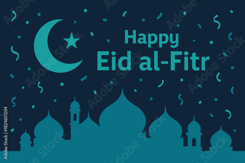 Happy eid al fitr greeting card with crescent moon and mosque silhouette