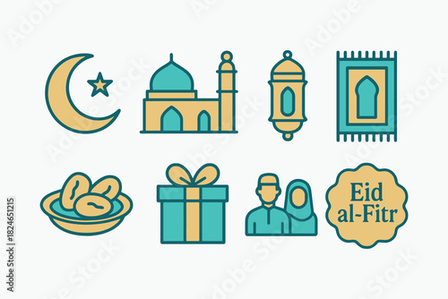 Collection of islamic icons for eid al fitr celebration and ramadan