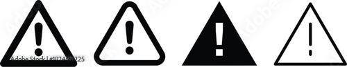 Four distinct black and yellow warning sign icons with exclamation points offering versatile design elements on transparent background