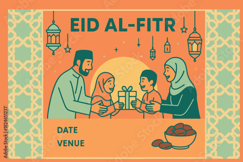 Happy eid al fitr celebration with family exchanging gifts and dates