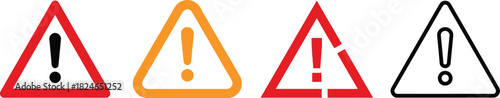 Four colorful warning sign illustrations with exclamation points varying designs and a clean aesthetic on transparent background