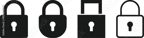 a collection of four different black padlock icons in various styles on transparent background