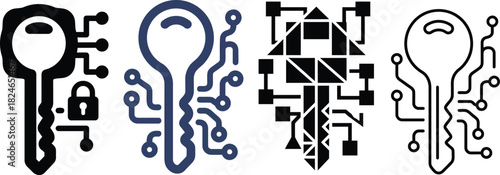 Four variations of a digital key icon with circuit board elements on transparent background