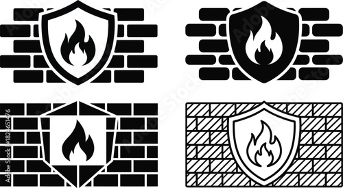 Four black and white icons depicting shields with flames and a brick fireplace on transparent background