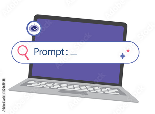 Laptop and AI generative bar.  AI Search Engines. Powered SEO optimization. Generate an idea by a prompt