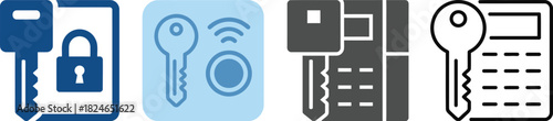 Four distinct key and access icons in blue light blue gray and black on transparent background
