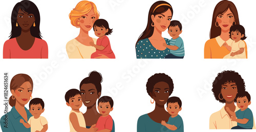 Diverse mothers with children in warm family portraits showing love, bonding, caregiving, multicultural parenting and affectionate emotional connection illustration