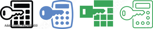 Four colorful calculator icons with key entry demonstrating variations in design and style on transparent background
