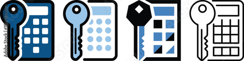 Four distinct key and digital security icons are displayed featuring different styles on transparent background