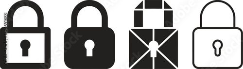 Four distinct black lock icons in various styles are showcased perfect for security designs on transparent background