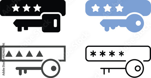 Two sets of key and password icons displayed in different colors on transparent background