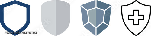 A set of four different shield icons in varying shades of blue and gray on transparent background