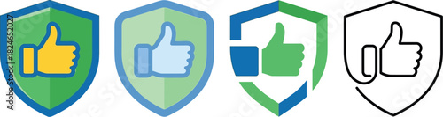 Four vector icons of shields with thumbs up in varying styles presented on transparent background