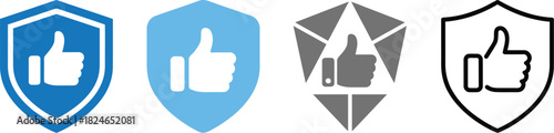 Four distinct icons showing a thumbs up inside shield shapes on transparent background