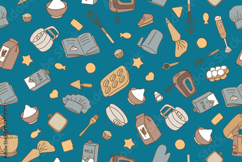 Seamless vector illustration of baking supplies and ingredients on a blue background. Includes whisks, measuring cups, milk cartons, chef's hats, and recipe books creating a playful pattern.