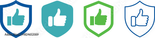 Four colorful shield icons with thumbs up symbols in blue teal green and outline on transparent background