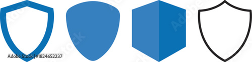 Four blue shield icons in varying shapes detailed outlines and simple aesthetic on transparent background