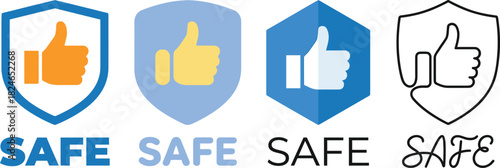 Four different style icons of thumbs up within shields with the word safe repeated on transparent background