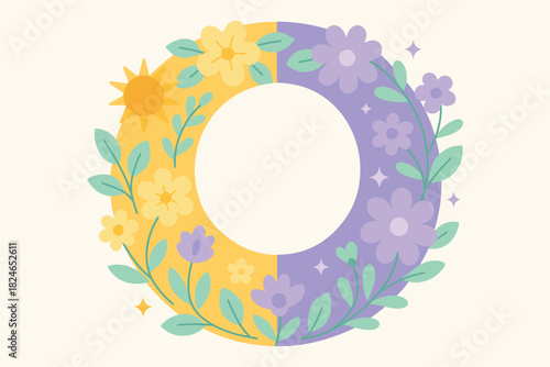 Decorative floral wreath with sun and moon motifs representing seasons