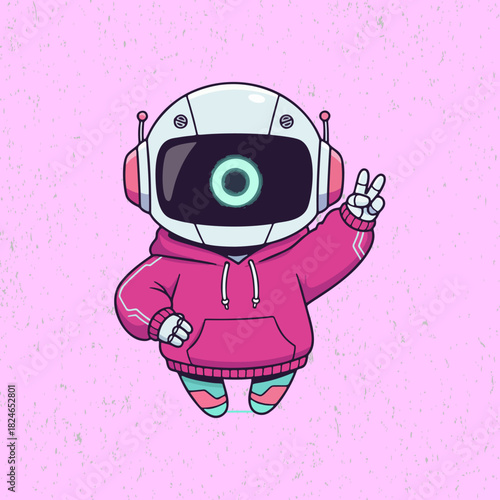 Delightful hoodie-wearing robot hovering midair, illustrated in a whimsical flat vector style with simple shapes and a lovable sci-fi personality.