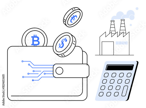 Wallet with digital coins, including Bitcoin and dollar signs, circuitry detail, factory with chimneys, and calculator. Ideal for finance, cryptocurrency, technology, industry investment economy