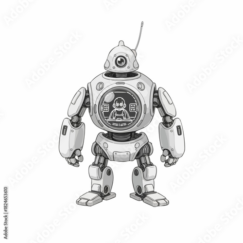 Detailed illustration of a futuristic robot with antenna and round body.